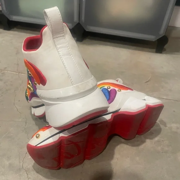 Christian Louboutin White Slip-On Sneakers with Rainbow Embroidery & Gold Studs - Picture 3 of 5